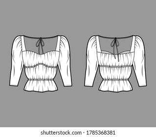 Shirt technical fashion illustration with oversized body, concealed button fastenings along front, ruffles, cropped sleeves. Flat apparel template front, back, white color. Women, men unisex mockup