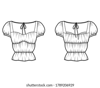 Shirt technical fashion illustration with oversized body, concealed button fastenings along front, ruffles, cropped sleeves. Flat apparel template front, back, white color. Women, men unisex mockup