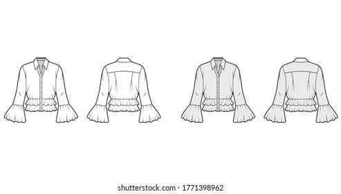 Shirt technical fashion illustration with peplum hem, collar with stand, long sleeves, voluminous fluted cuffs. Flat apparel blouse template front, back, white and grey color. Women men and unisex CAD