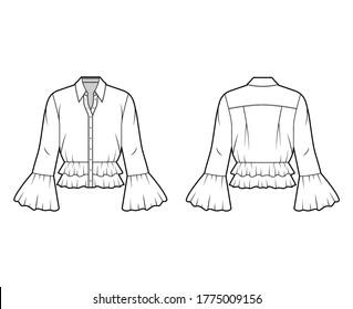 Shirt technical fashion illustration with peplum hem, collar with stand, long sleeves, voluminous fluted cuffs. Flat apparel blouse template front, back, white color. Women men and unisex CAD mockup