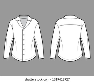 Shirt technical fashion illustration with relaxed silhouette, retro camp collar, back round yoke, front button fastenings, long sleeves. Flat apparel template front back white color. Women men unisex svg