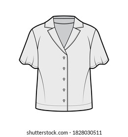 Shirt technical fashion illustration with relaxed fit retro camp collar, front button fastenings, short circle sleeves, oversized. Flat apparel blouse template front grey color. Women men unisex top