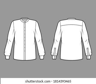 Shirt technical fashion illustration with rounded mandarin collar, long sleeves with cuff, oversized body, back round yoke. Flat apparel top template front, back white color. Women men unisex blouse svg