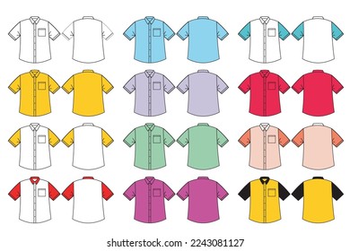 Shirt template vector front and back. Vector illustration of mock up clothes in various colors. Shirt mock up template