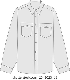 shirt template vector, technical drawing of a long-sleeved button-down shirt with two chest pockets, flat lay, minimalist style, clean lines, light gray fill