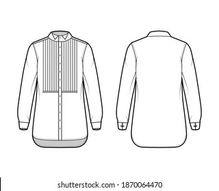 Shirt tuxedo dress technical fashion illustration with pleated pintuck bib, long sleeve with french cuff, wing collar, relax fit. Flat template front back white color. Women men unisex top CAD mockup
