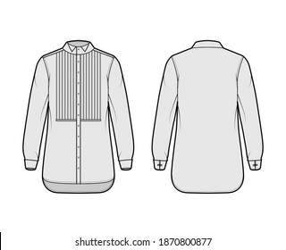 Shirt tuxedo dress technical fashion illustration with pleated pintucked bib, long sleeve with french cuff, wing collar, relax fit. Flat template front back grey color. Women men unisex top CAD mockup