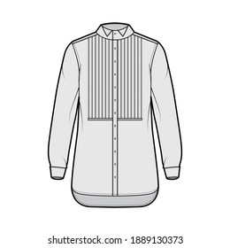 Shirt tuxedo dress technical fashion illustration with pleated pintucked bib, long sleeves with french cuff, wing collar, relax fit. Flat template front grey color. Women men unisex top CAD mockup