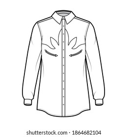 Shirt western technical fashion illustration with long sleeves, reinforced pockets, relax fit, yokes, button-down, regular collar. Flat template front, white color. Women men unisex top CAD mockup svg