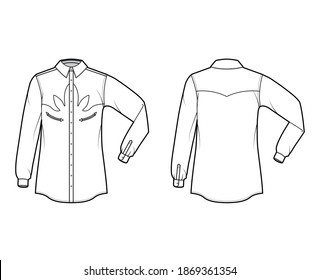 Shirt western technical fashion illustration with elbow fold long sleeves, reinforced pockets, relax fit, yokes, button-down, collar. Flat template front, back white color. Women men top CAD mockup svg