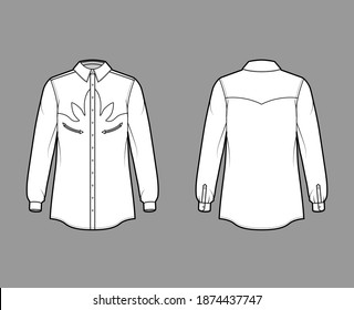 Shirt western technical fashion illustration with long sleeves, reinforced pockets, relax fit, yokes, button-down, regular collar. Flat template front back white color. Women men unisex top CAD mockup