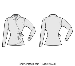Shirt wrap technical fashion illustration with bow tie closure, elbow folded long sleeves, classic collar, fitted. Flat blouse apparel top outwear template front back, grey color. Women men CAD mockup