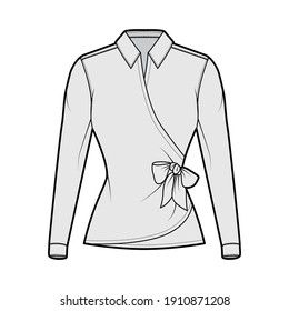 Shirt wrap technical fashion illustration with bow tie closure, long sleeves, classic collar, fitted body. Flat blouse apparel top outwear template front, grey color. Women men unisex CAD mockup