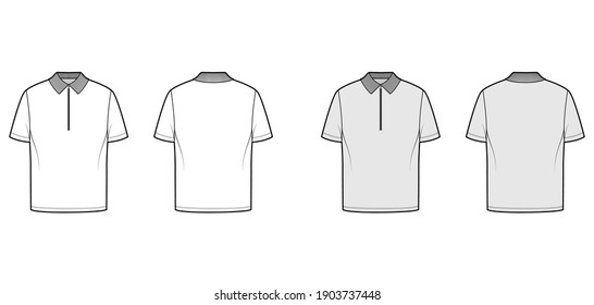 Shirt zip polo technical fashion illustration with short sleeves, tunic length, henley neck, flat knit collar. Apparel top outwear template front, back, white, grey color. Women men unisex CAD mockup