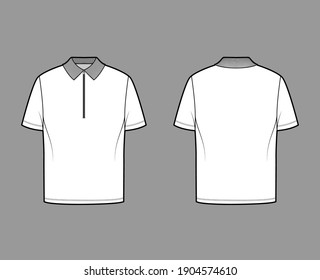 Shirt zip polo technical fashion illustration with short sleeves, tunic length, henley neck, oversized, flat knit collar. Apparel top outwear template front, back, white color. Women men CAD mockup