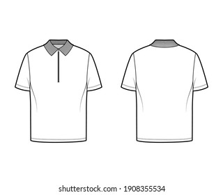 Shirt zip polo technical fashion illustration with short sleeves, tunic length, henley neck, oversized, flat knit collar. Apparel top outwear template front, back, white color. Women men CAD mockup