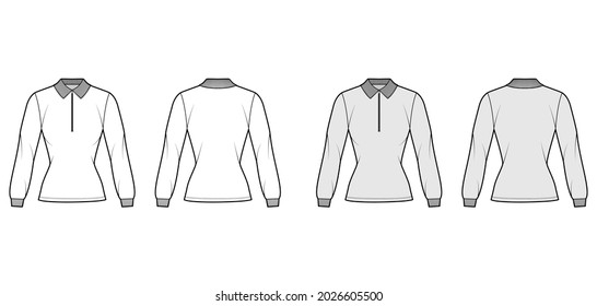 Shirt zip-up polo technical fashion illustration with long sleeves, tunic length, henley neck, fitted body, flat knit collar. Apparel top template front, back, white, grey color. Women men CAD mockup