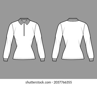 Shirt zip-up polo technical fashion illustration with long sleeves, tunic length, henley neck, fitted body, flat knit collar. Apparel top outwear template front, back white color. Women men CAD mockup