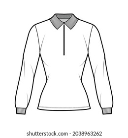 Shirt zip-up polo technical fashion illustration with long sleeves, tunic length, henley neck, fitted body, flat knit collar. Apparel top outwear template front, white color. Women men CAD mockup