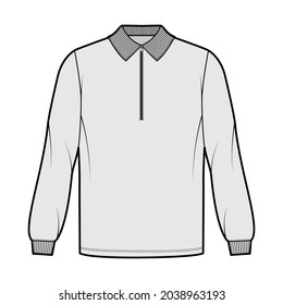 Shirt zip-up technical fashion illustration with long sleeves, tunic length, henley neck, oversized, flat knit collar. Apparel top outwear template front, grey color. Women men CAD mockup
