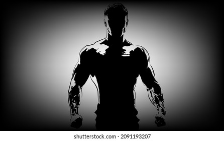 Shirtless fighter. Black background with light behind man