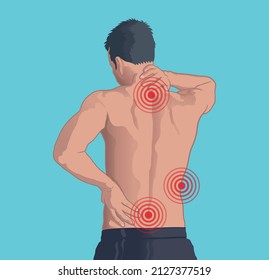 Shirtless man with back and neck pain vector illustration.