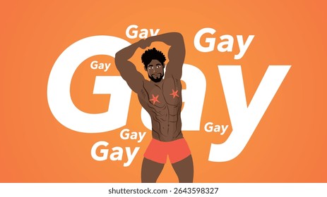 Shirtless man confidently posing in front of bold gay themed background