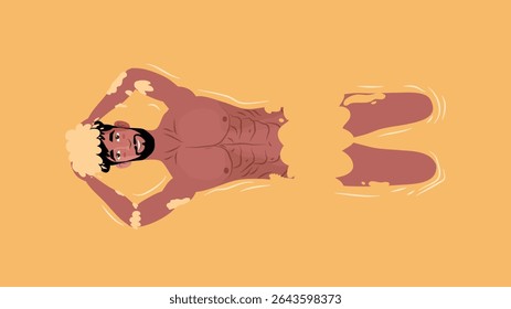 Um homem sem camisa fazendo costas no mar quente de cor de pôr do sol