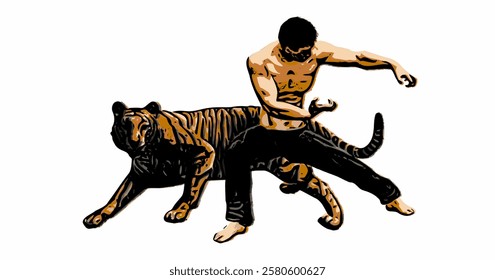 A shirtless man in a fighting stance alongside a tiger. This illustration represents strength, courage, and the connection between humans and wild animals.