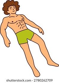 Shirtless Man Floating Relaxing In Green Swimming Shorts Casually