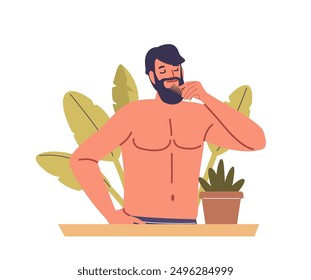 Shirtless Man Grooming His Beard With A Brush. Character Appears Relaxed And Content, Standing Next To A Potted Plant