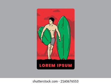 The shirtless man holding surfboard illustration design