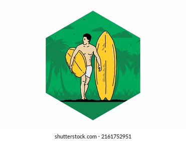 The shirtless man holding surfboard illustration design