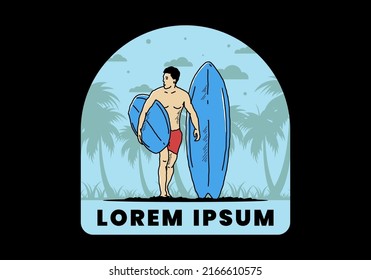 The shirtless man holding surfboard illustration design