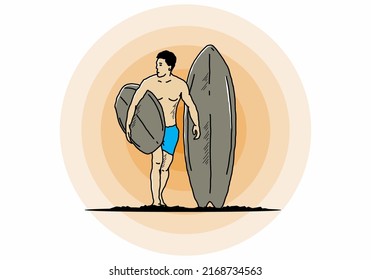The shirtless man holding surfboard illustration design
