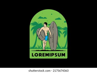 The shirtless man holding surfboard illustration design