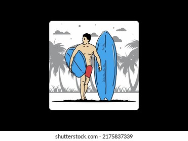 The shirtless man holding surfboard illustration design