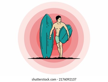 The shirtless man holding surfboard illustration design
