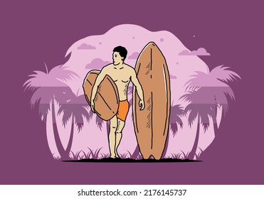 The shirtless man holding surfboard illustration design