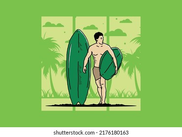 The shirtless man holding surfboard illustration design