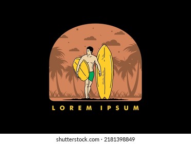 The shirtless man holding surfboard illustration design