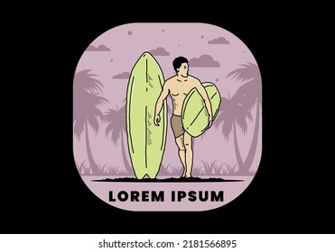 The shirtless man holding surfboard illustration design