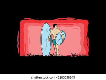 The shirtless man holding surfboard illustration design