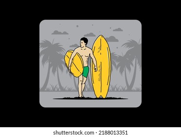 The shirtless man holding surfboard illustration design
