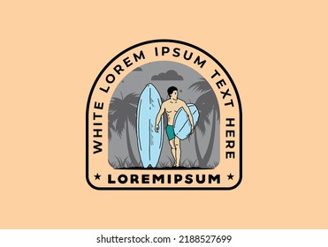 The shirtless man holding surfboard illustration design
