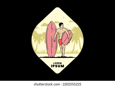 The shirtless man holding surfboard illustration design