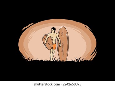 The shirtless man holding surfboard illustration design