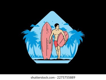 The shirtless man holding surfboard illustration design