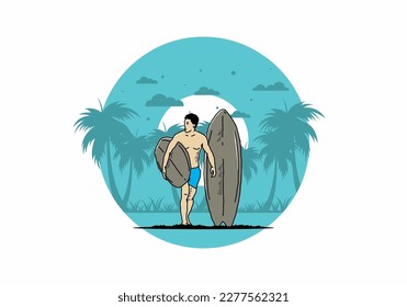 The shirtless man holding surfboard illustration design