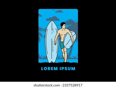 The shirtless man holding surfboard illustration design